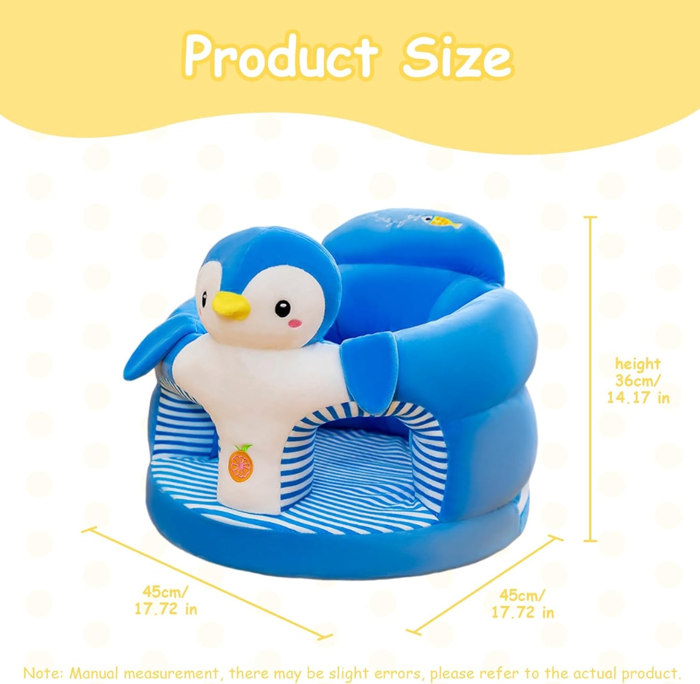 Cute penguin baby seat in blue with arms, ideal for comfortable playtime