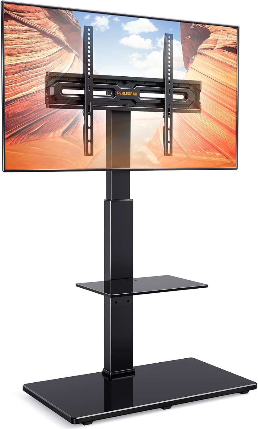 Perlegear floor stand for 30-70 inch TVs with adjustable height and glass shelf for media devices