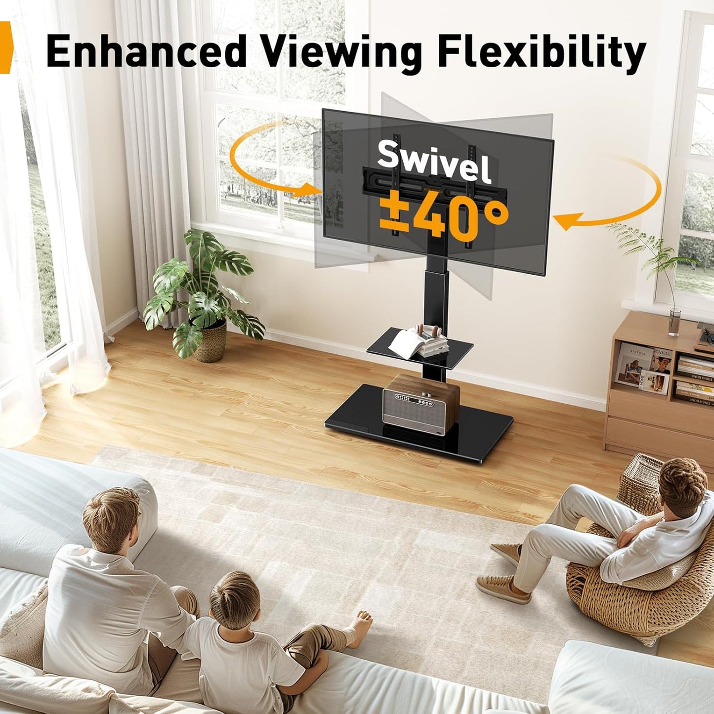 Perlegear floor stand for 30-70 inch TVs with 40-degree swivel for enhanced viewing flexibility in a modern living room