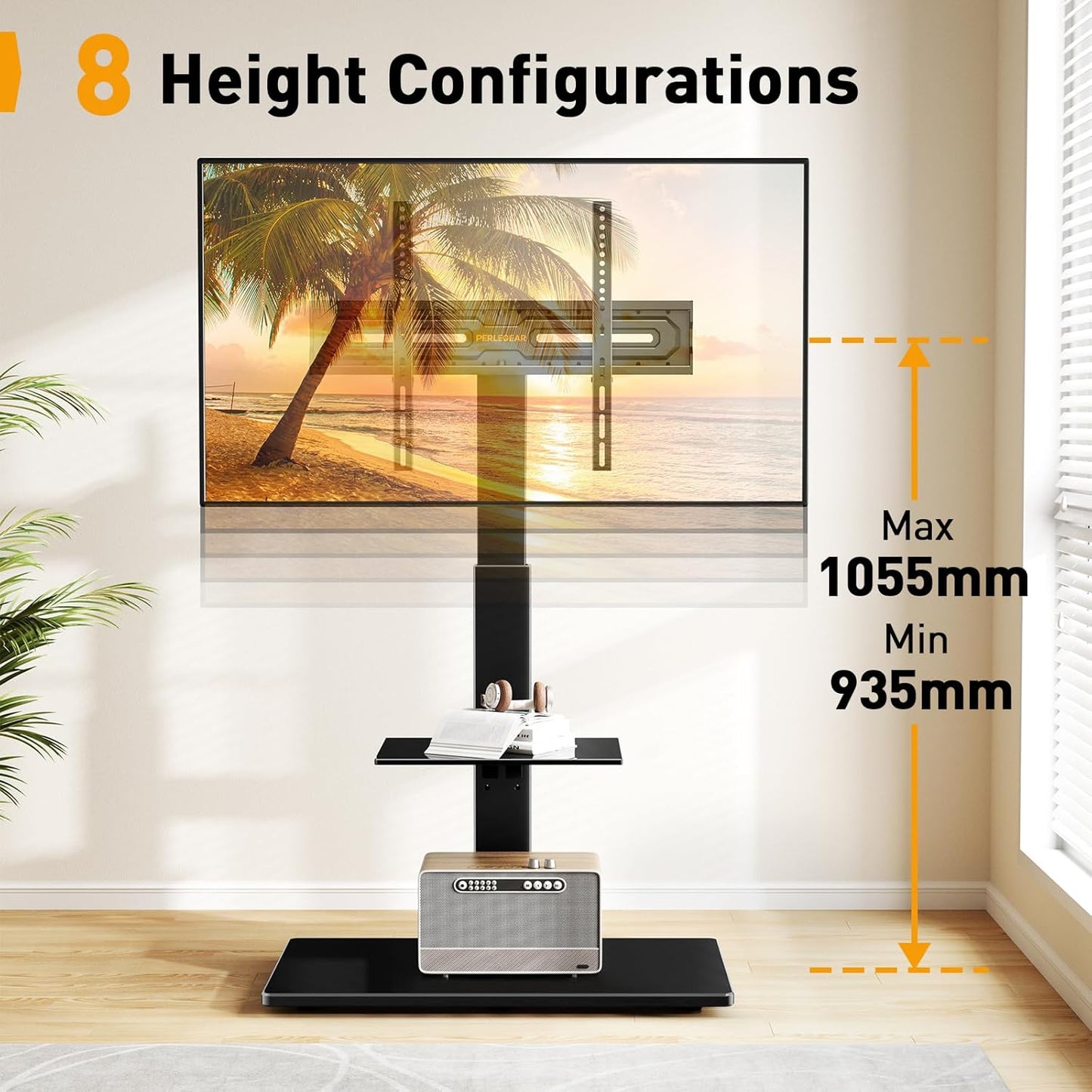 Perlegear floor stand for 30-70 inch TVs with adjustable height configurations for optimal viewing