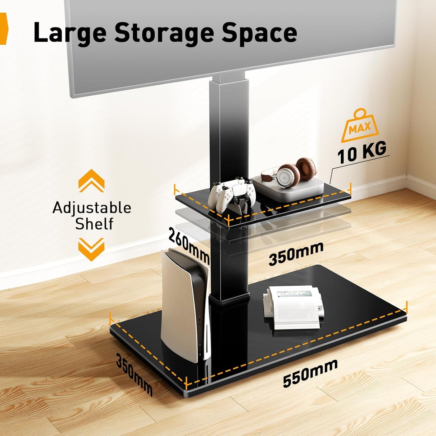 Perlegear floor stand for 30-70 inch TVs with large storage space and adjustable shelves