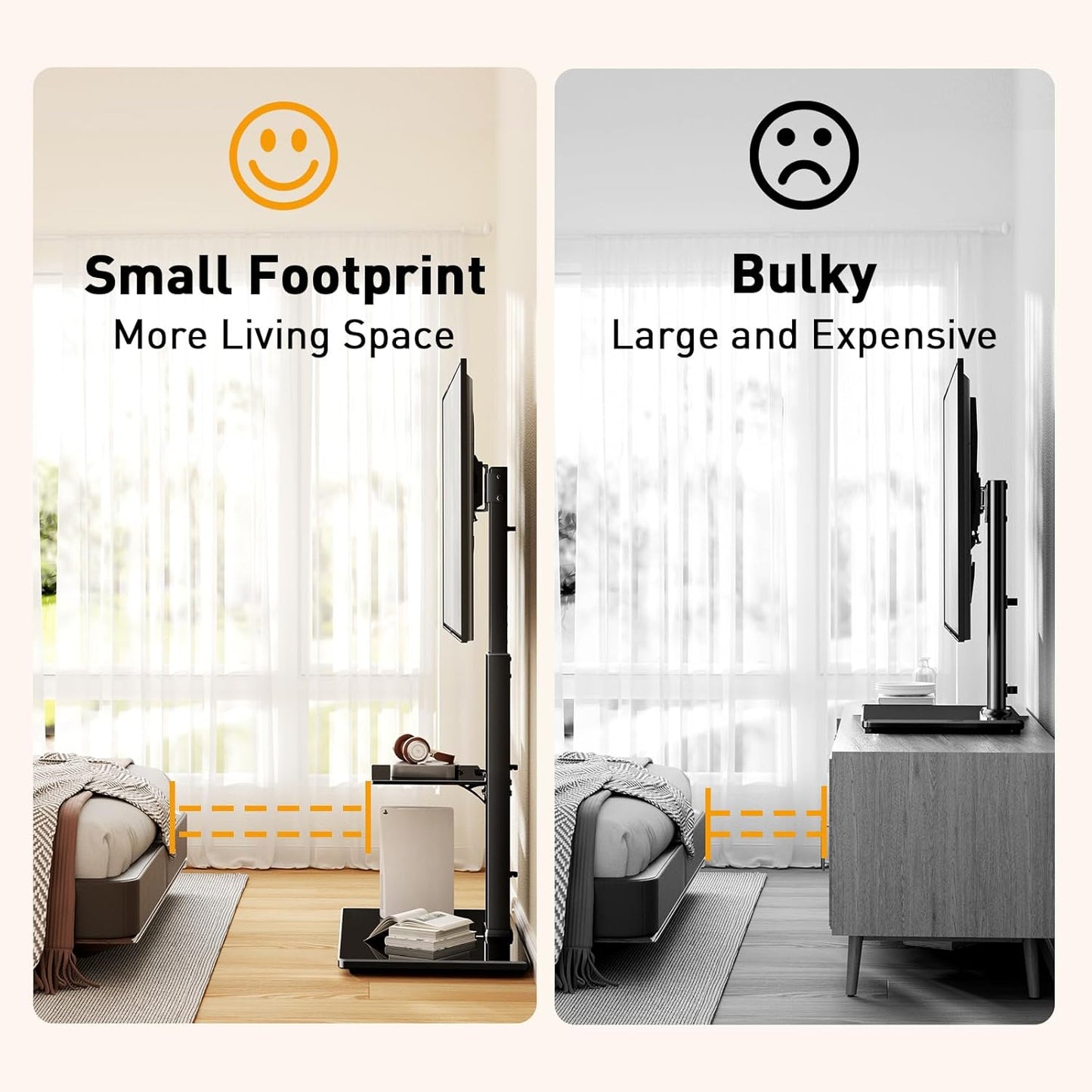 Perlegear floor stand for 30-70 inch TVs showcasing a stylish, space-saving design in a modern living room