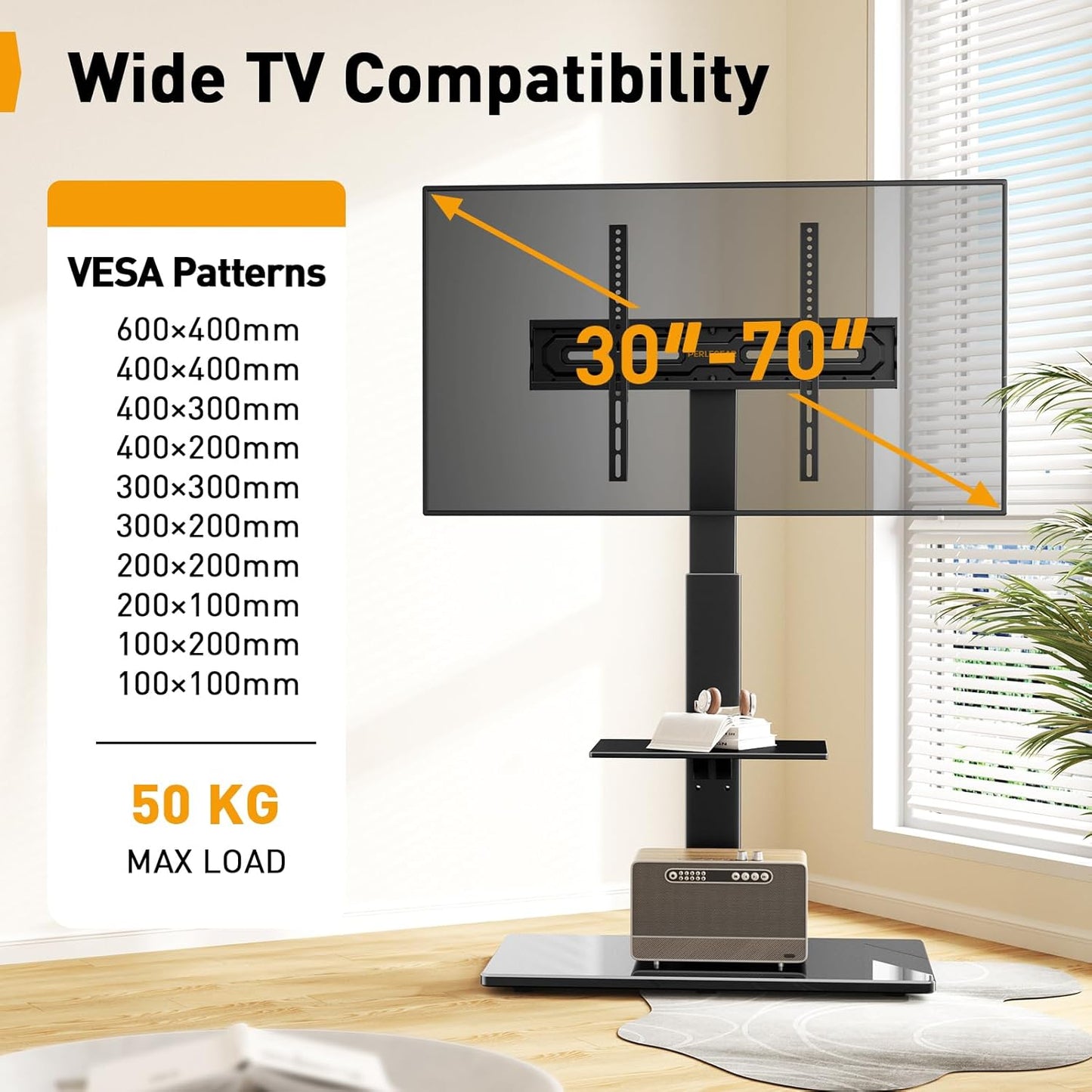 Perlegear adjustable floor stand for 30-70 inch TVs with maximum load of 50 kg and wide VESA compatibility
