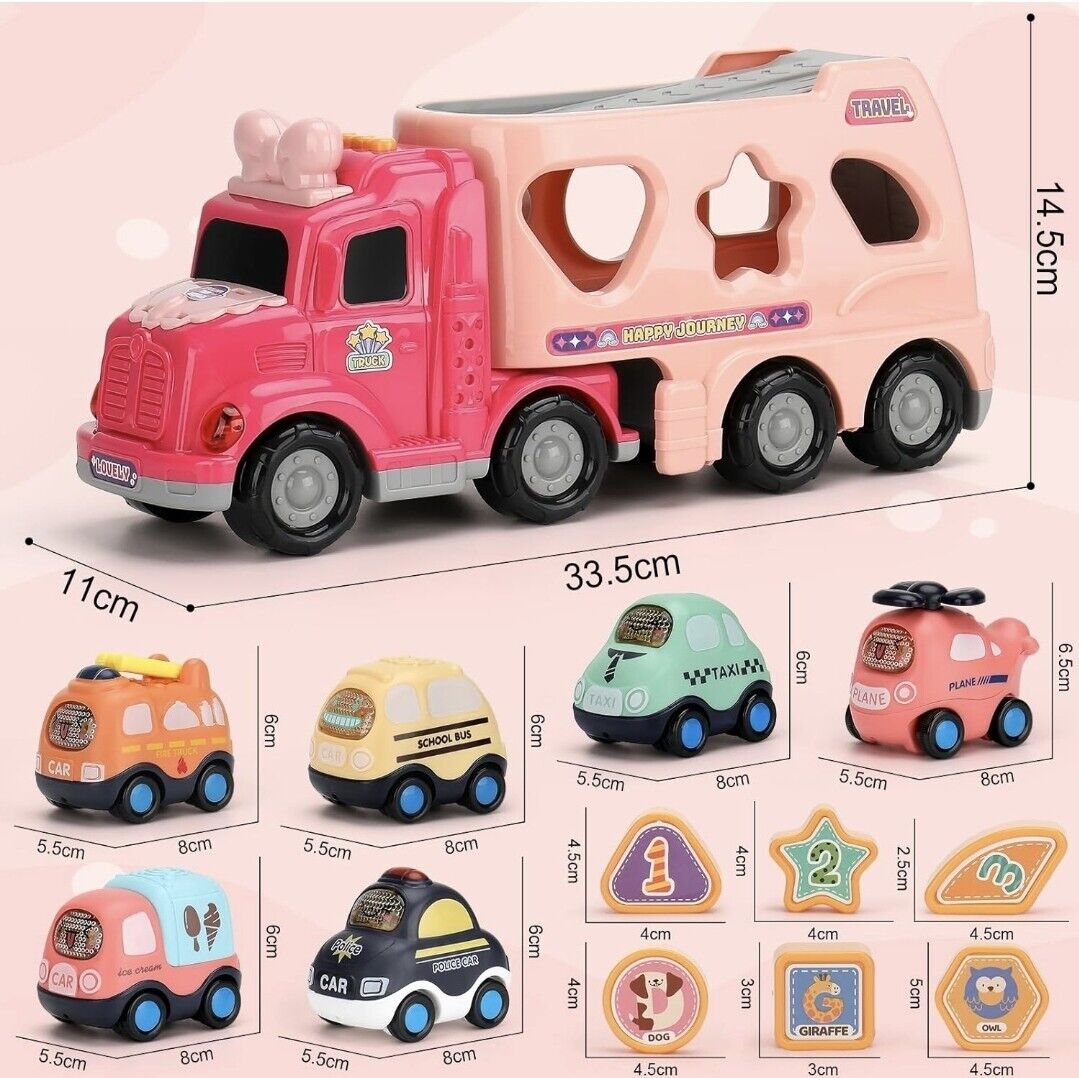 Colourful pink truck toy for girls with removable shapes and interactive features for imaginative play