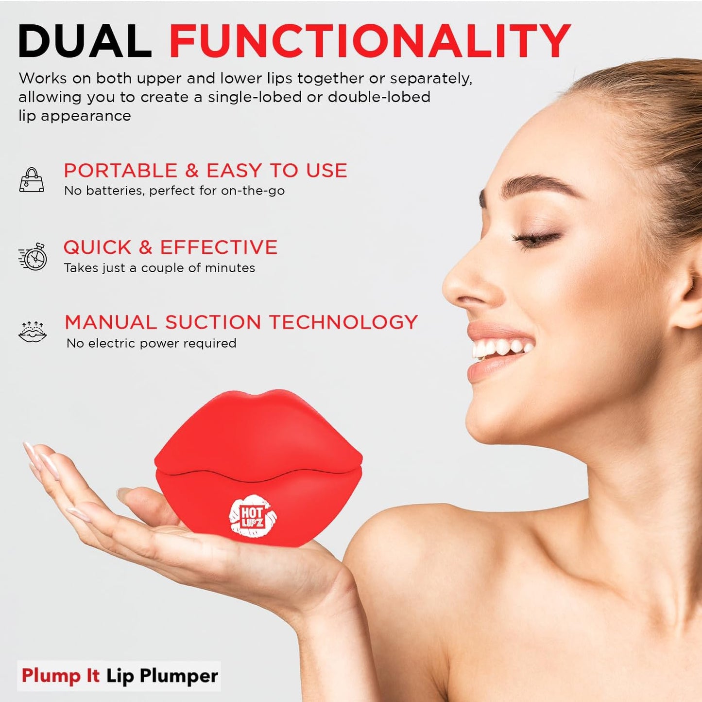 Miss Pouty lip plumper device in hand, designed for quick and effective lip enhancement