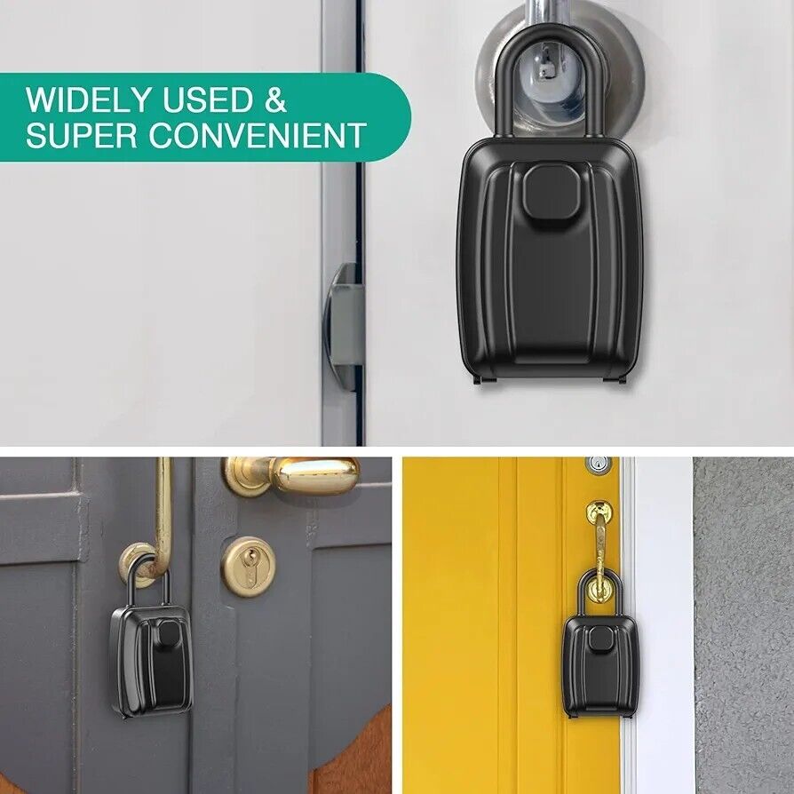 Portable key lock box in black securely attached to various door types for convenient access