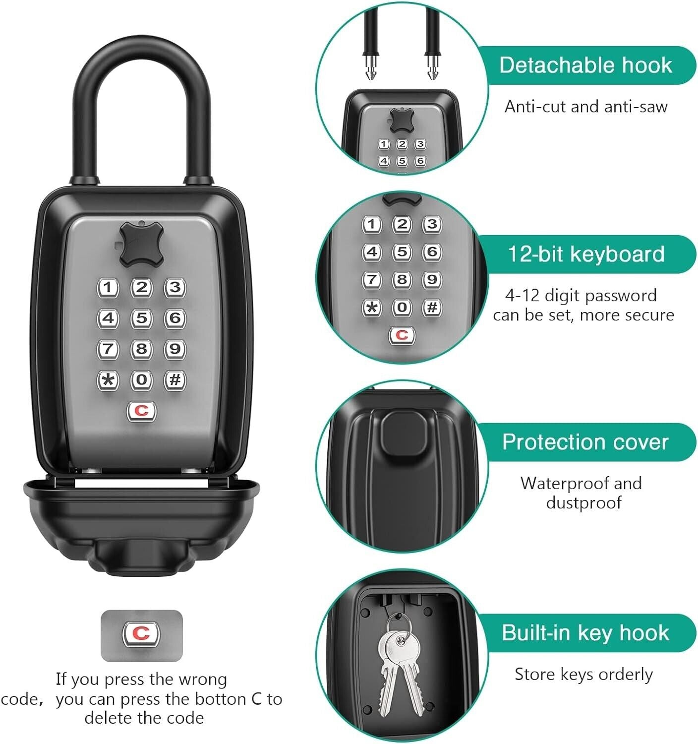 Portable key lock box with a detachable hook, 12-bit keyboard and waterproof cover for secure storage