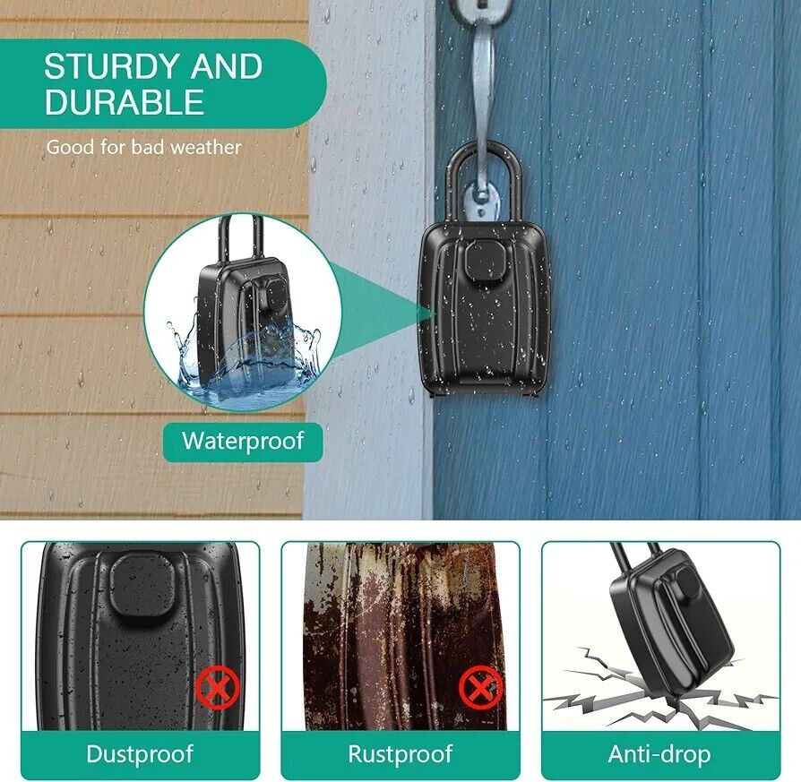 Portable key lock box in black, waterproof and durable for outdoor use in all weather conditions