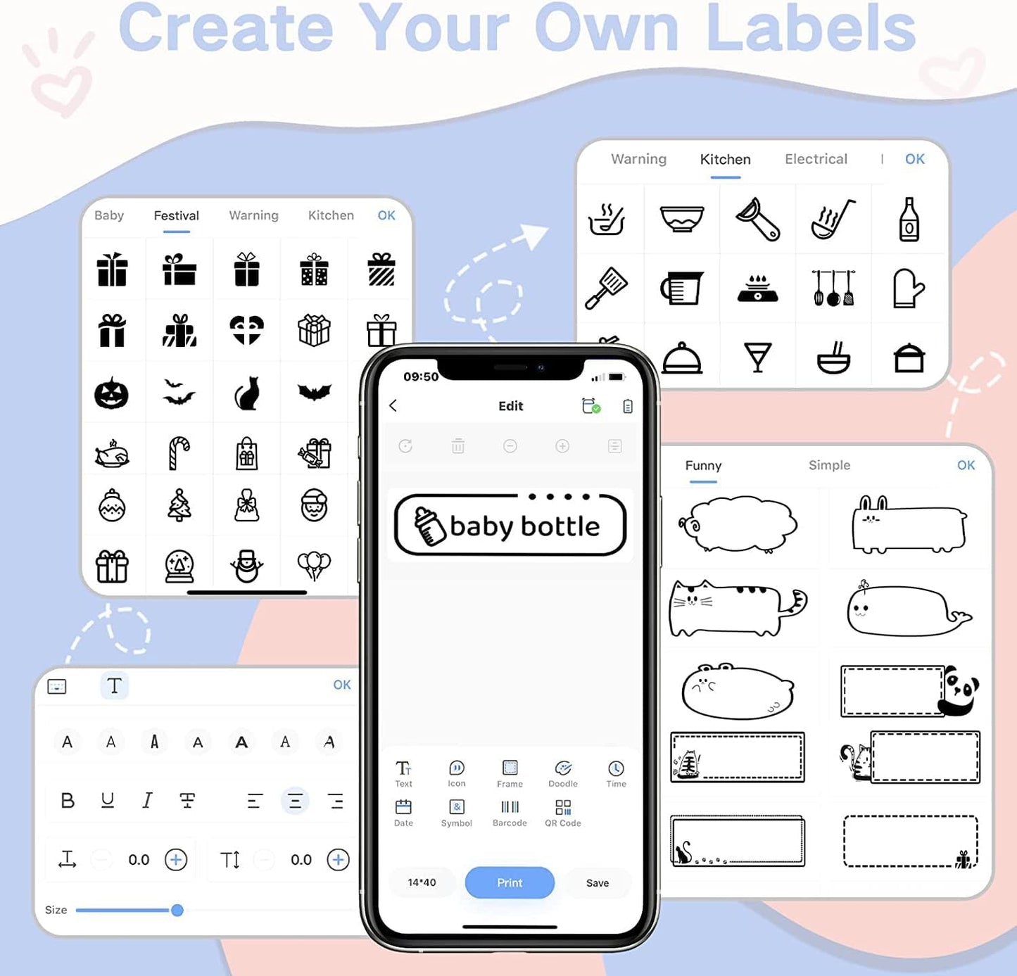 Clabel portable label maker interface displaying label design options and templates for customised labels