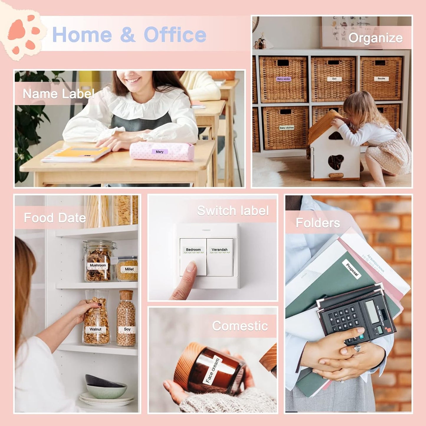 Clabel portable label maker shown in home and office settings for organising and labelling items