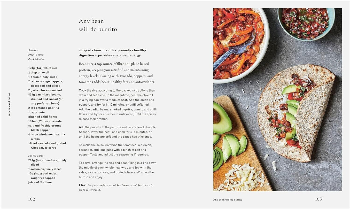 Open page of a pregnancy nutrition book featuring a bean burrito recipe with fresh ingredients