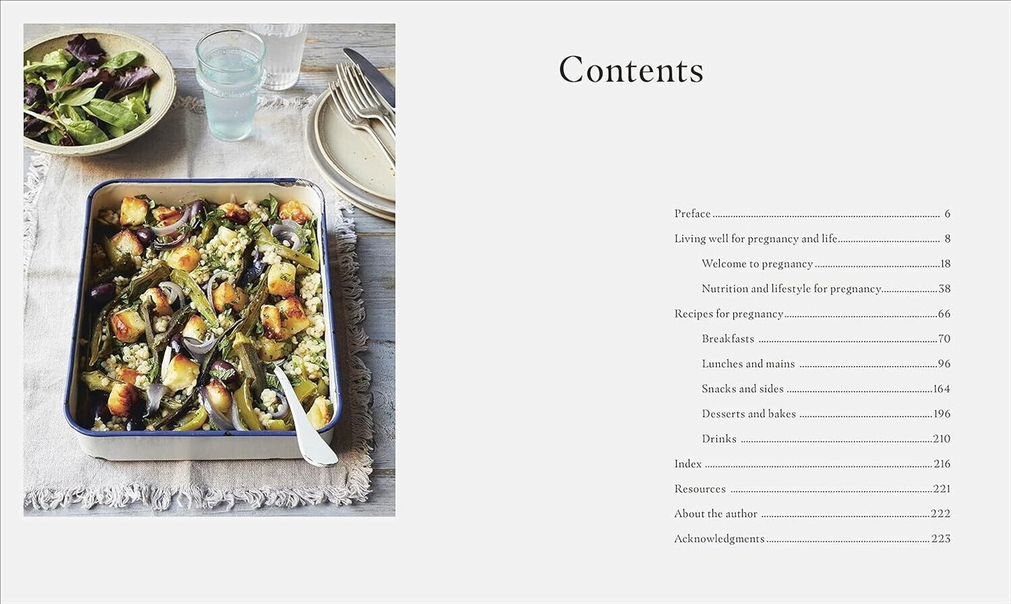 Contents page from a pregnancy nutrition book featuring a healthy meal and a salad on a dining table