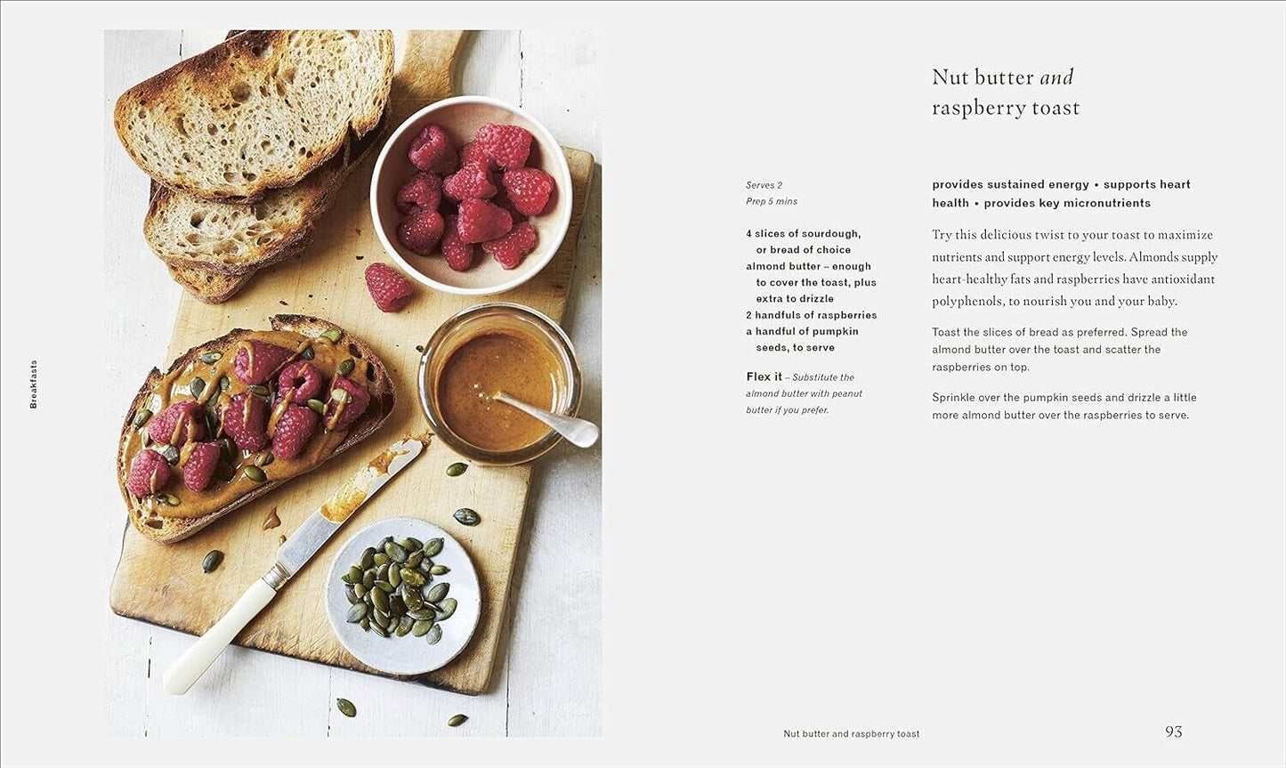 Nut butter and raspberry toast with fresh raspberries on a wooden board, featured in a pregnancy nutrition book
