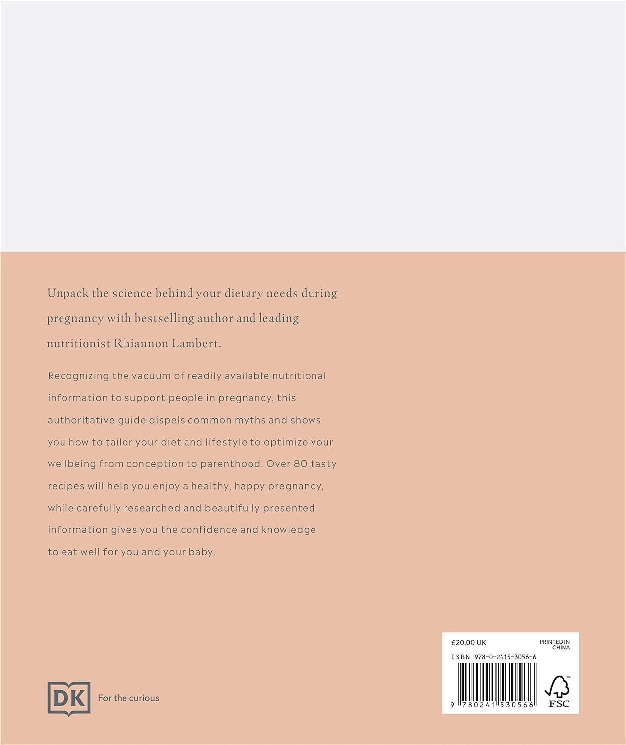 Back cover of the DK pregnancy nutrition book showcasing dietary advice and recipes for expectant mothers