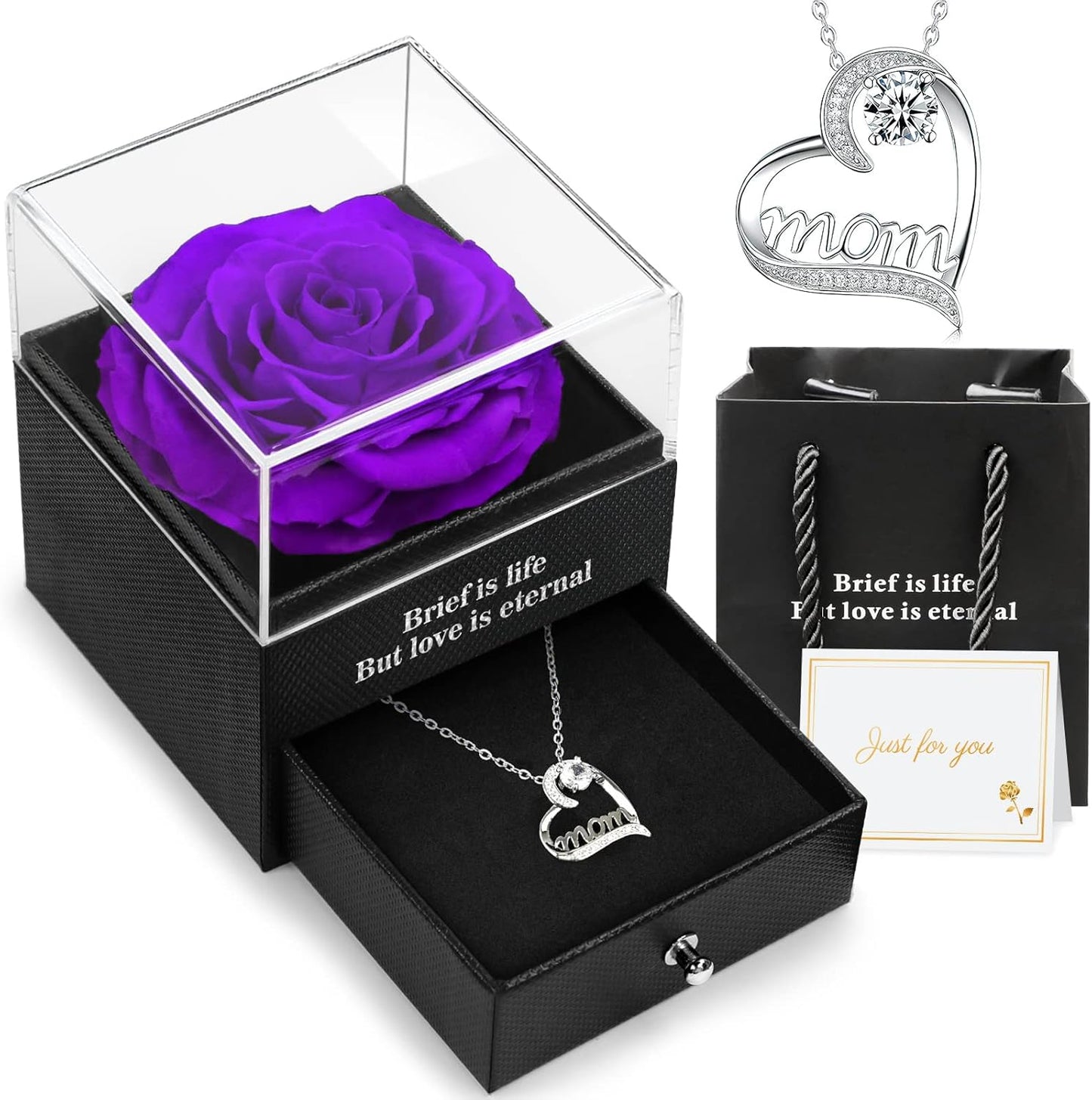 Hnustbo preserved real rose with mum necklace gift in elegant black box with message