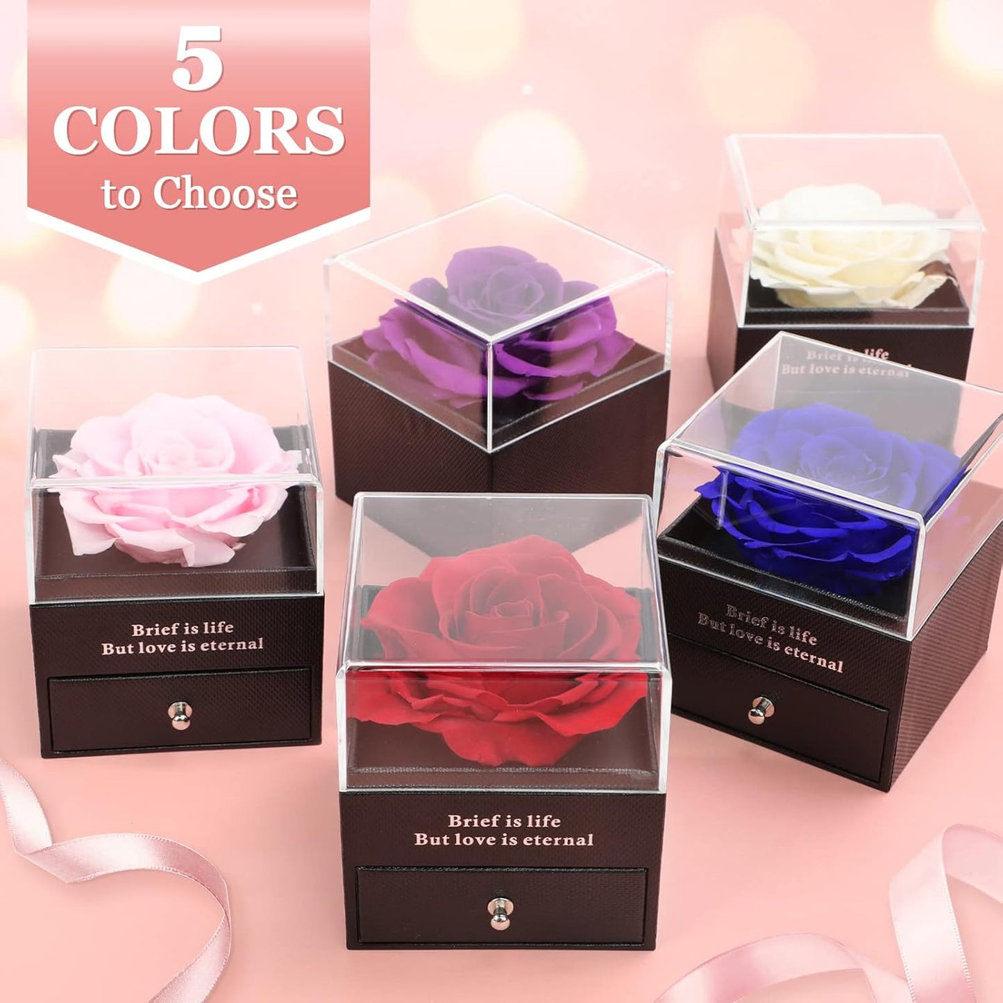 Hnustbo preserved real rose with mum necklace gift in five elegant colour options displayed in clear boxes