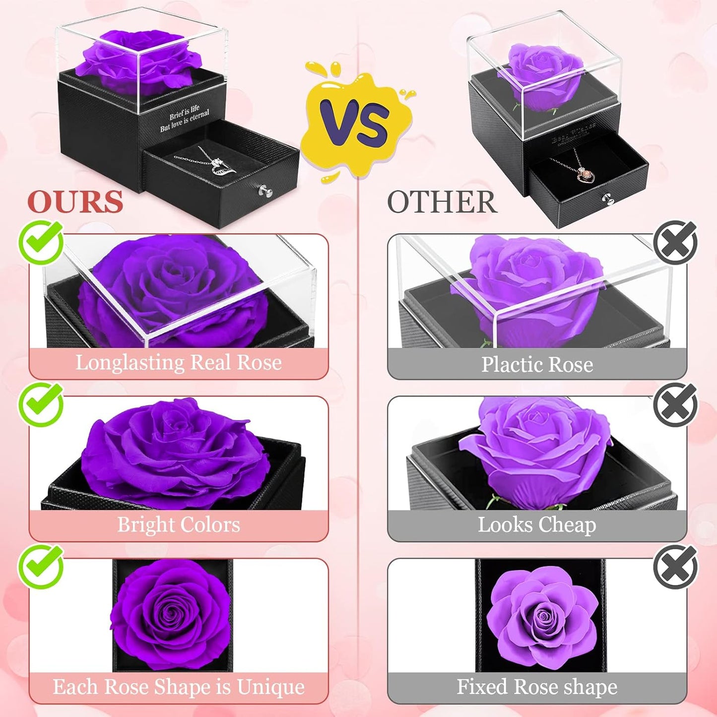 Preserved real rose with mum necklace gift in elegant packaging showcasing vibrant colours and unique shapes