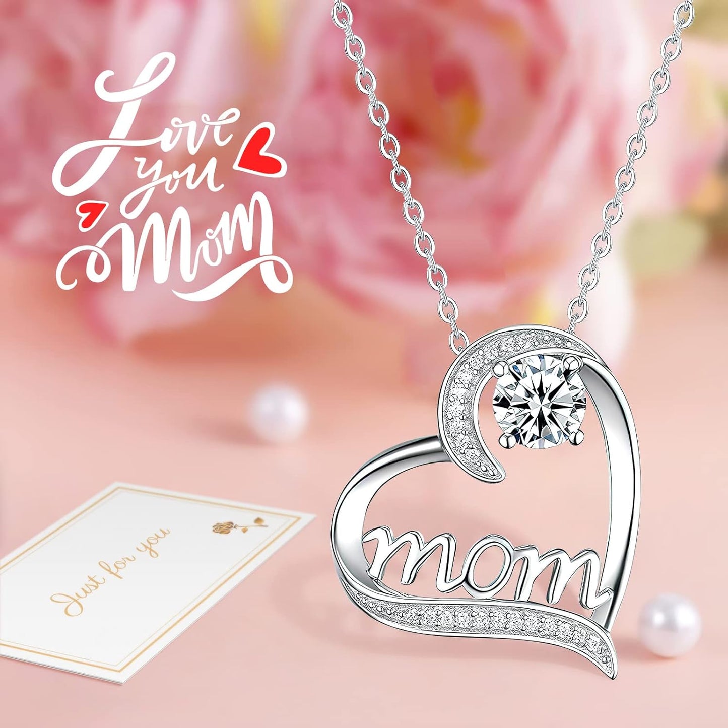 Hnustbo preserved real rose with mum necklace gift in a heart design featuring a sparkling gem