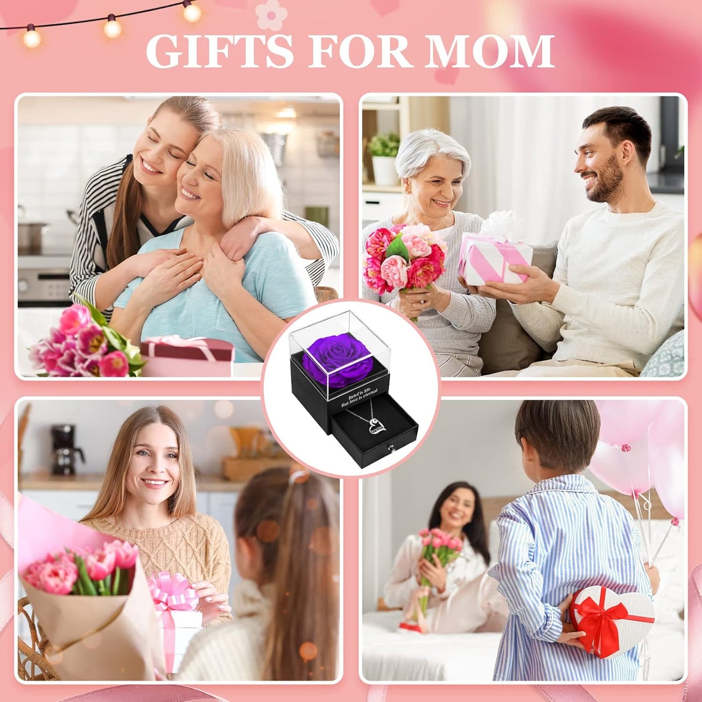 Gifts for Mom collage featuring preserved real rose with mum necklace gift and happy families sharing moments