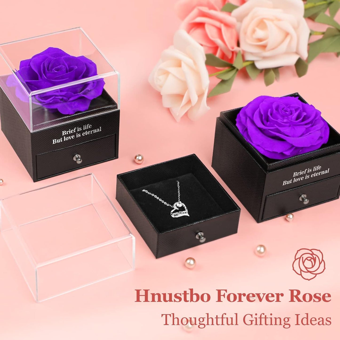 Hnustbo preserved real rose with mum necklace gift in elegant display boxes, perfect for special occasions