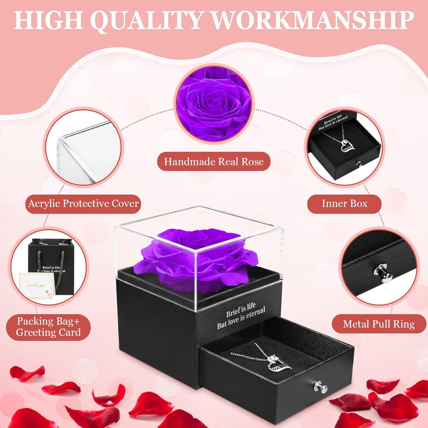 Hnustbo preserved real rose with mum necklace gift in elegant display box with protective cover