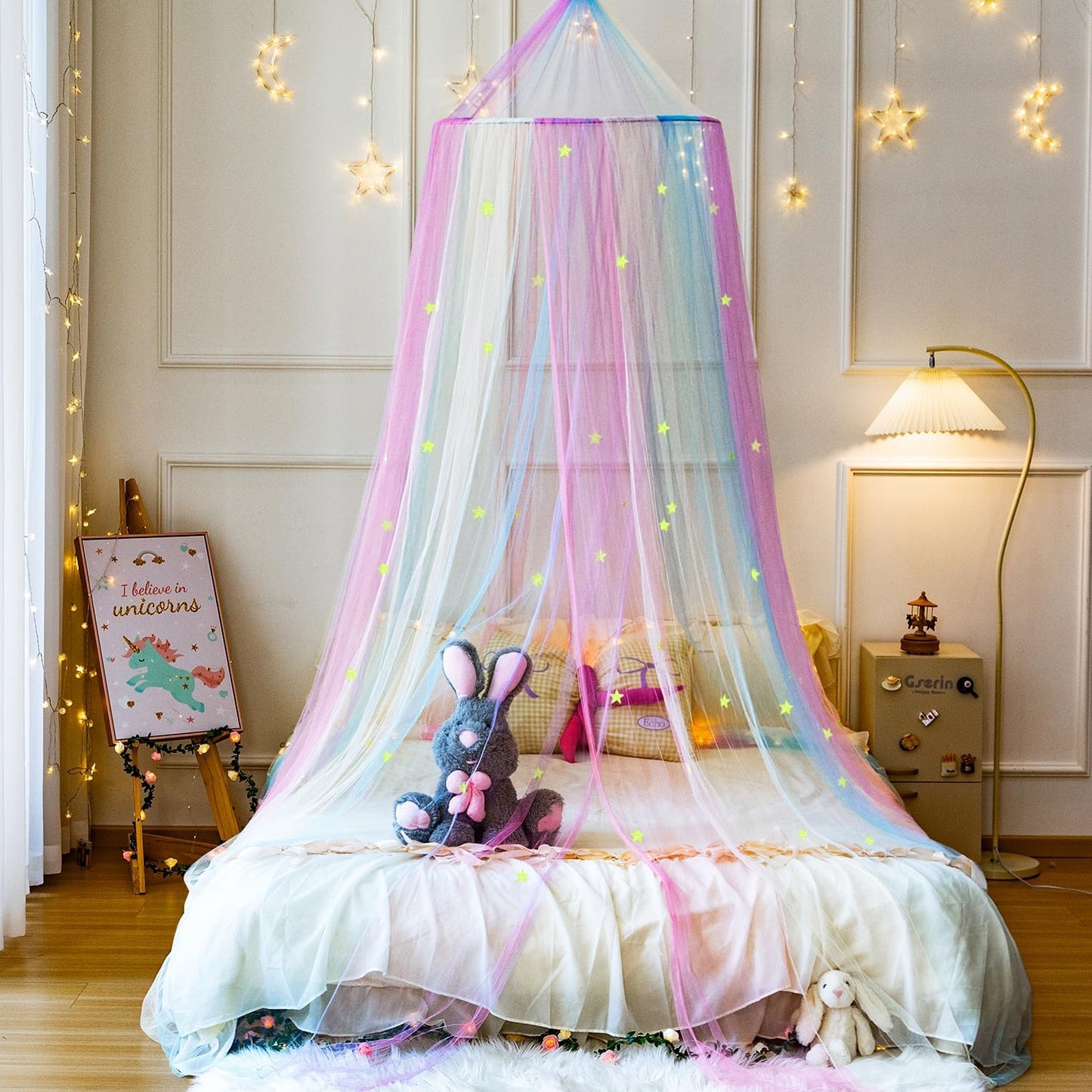 Wnqou princess rainbow bed canopy with pastel colours and fairy lights for a whimsical bedroom decor