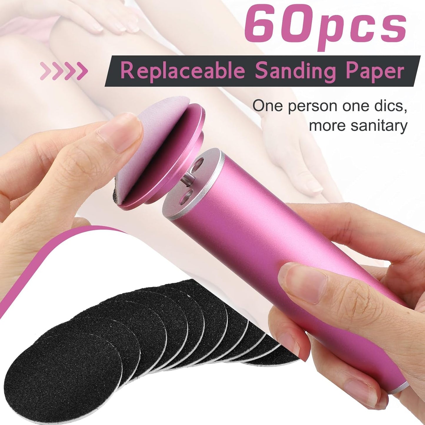Romyse professional pedicure tool with sandpaper discs featuring 60 replaceable sanding paper for enhanced hygiene