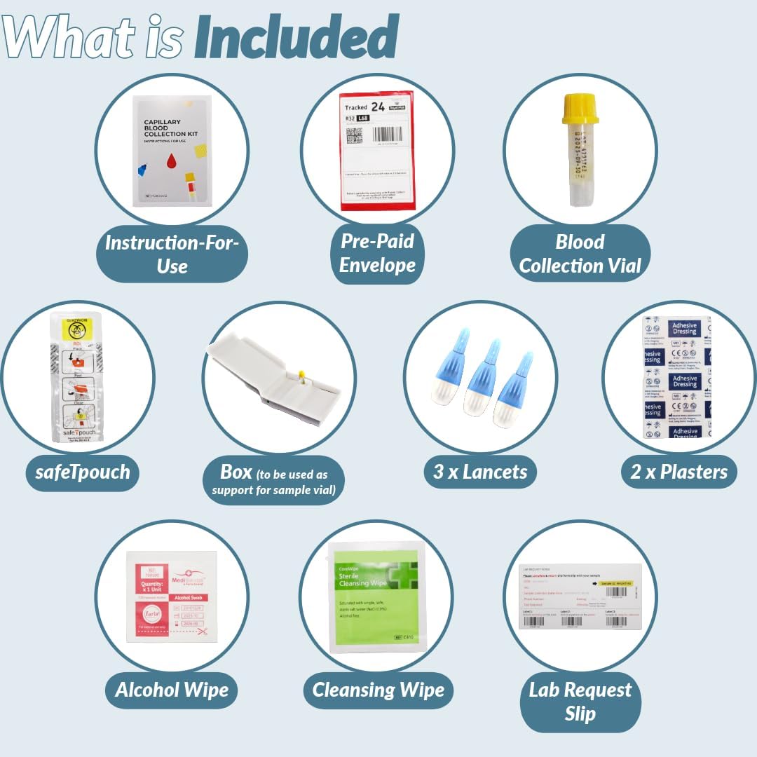 Progesterone home test kit with included lancets, blood collection vial, wipes, and instructions for use