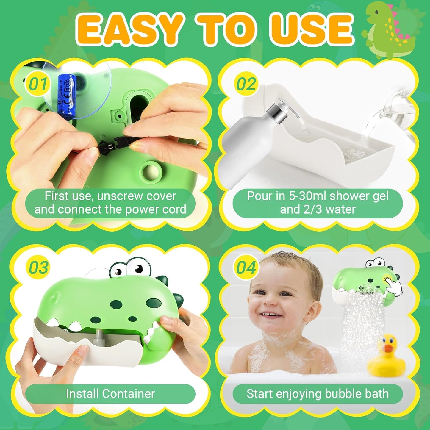 Easy to use rechargeable baby bath bubble machine with step-by-step installation instructions for fun bubble baths