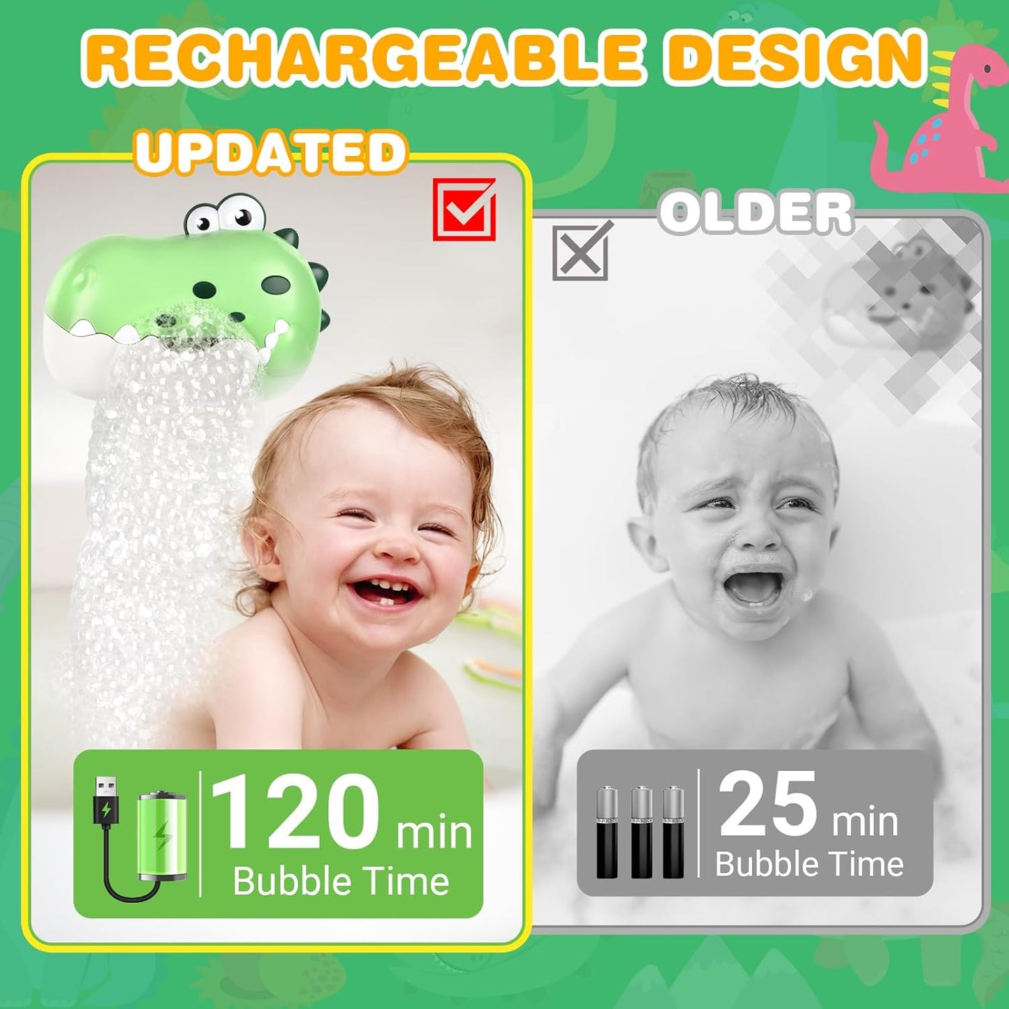 Rechargeable baby bath bubble machine with updated design for 120 minutes of bubbles and fun