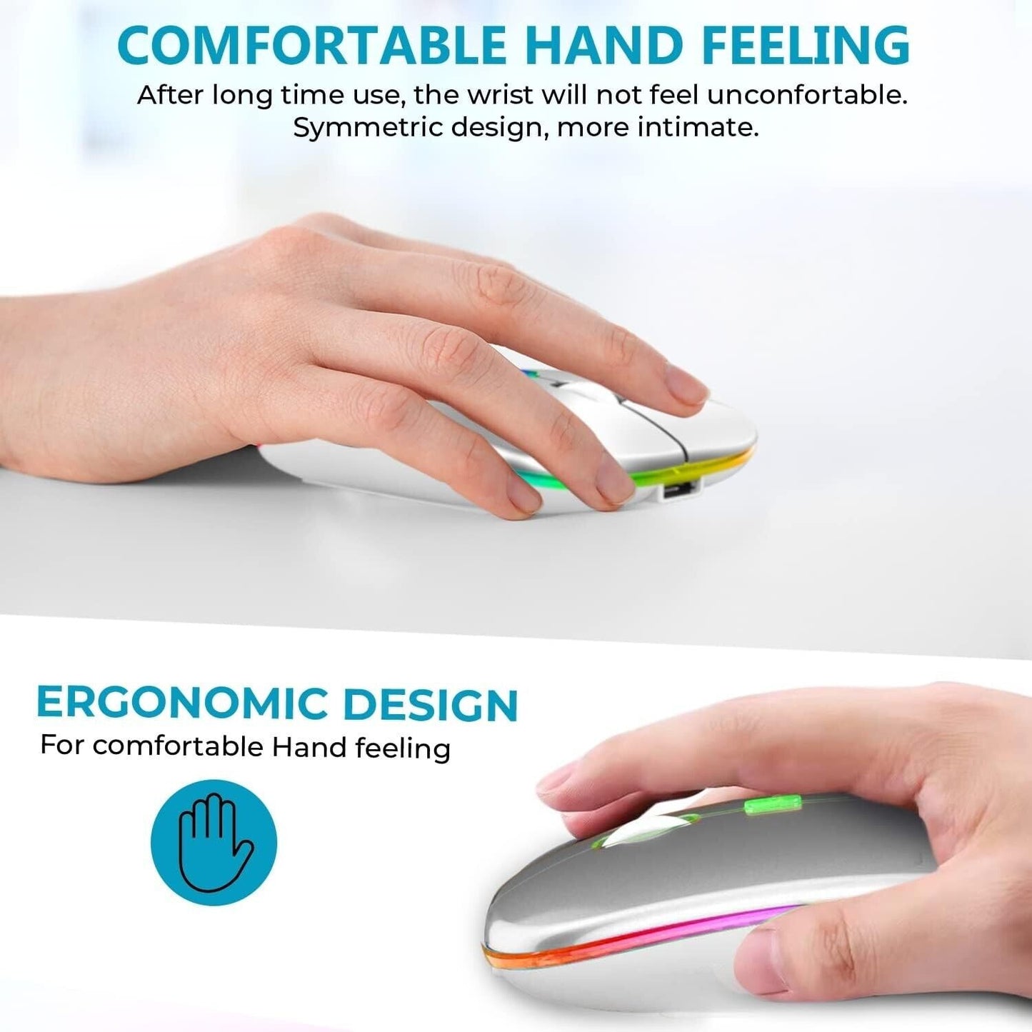 Ergonomic rechargeable wireless mouse designed for comfort during extended use with a symmetric design