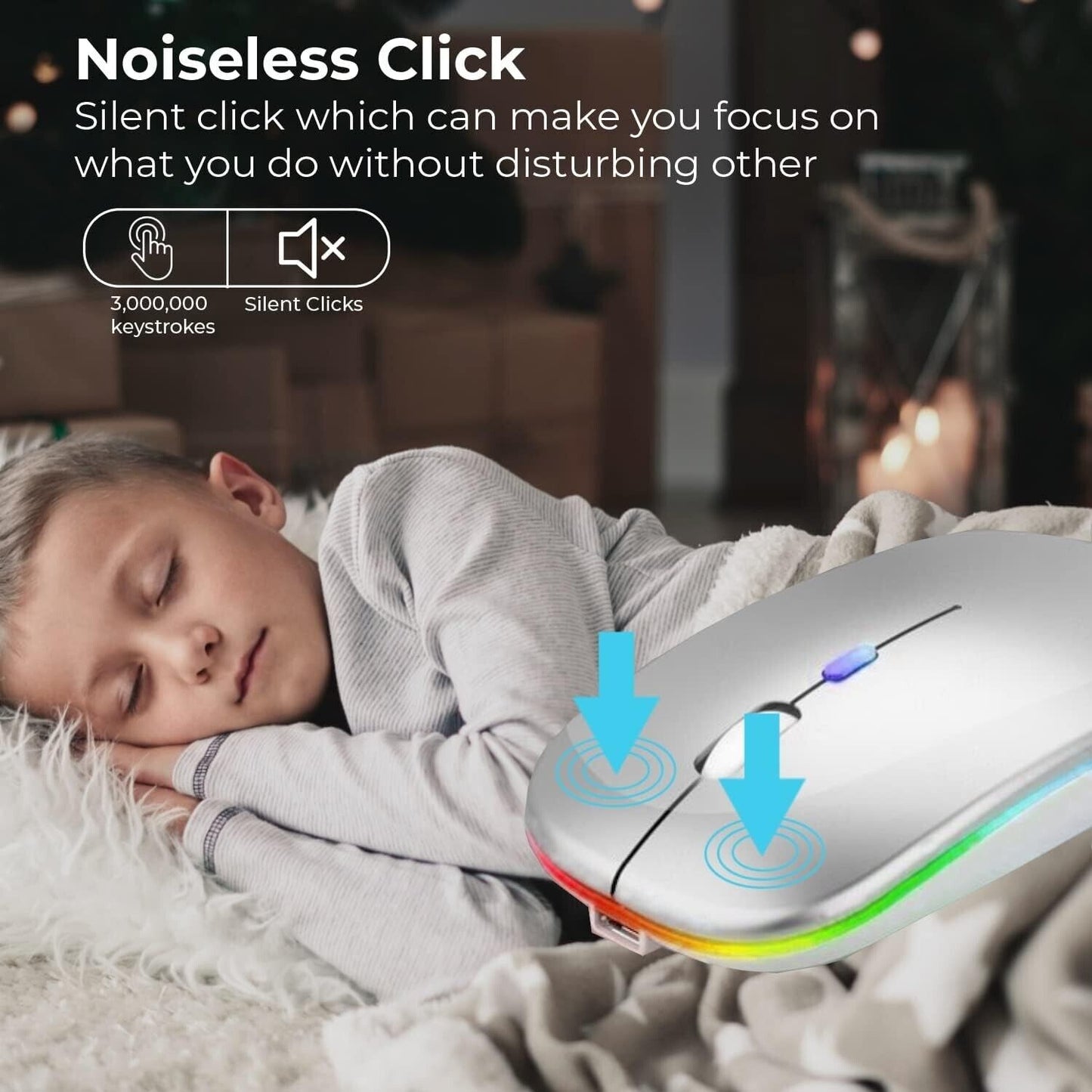 Rechargeable wireless mouse with noiseless click feature for distraction-free work or study environments