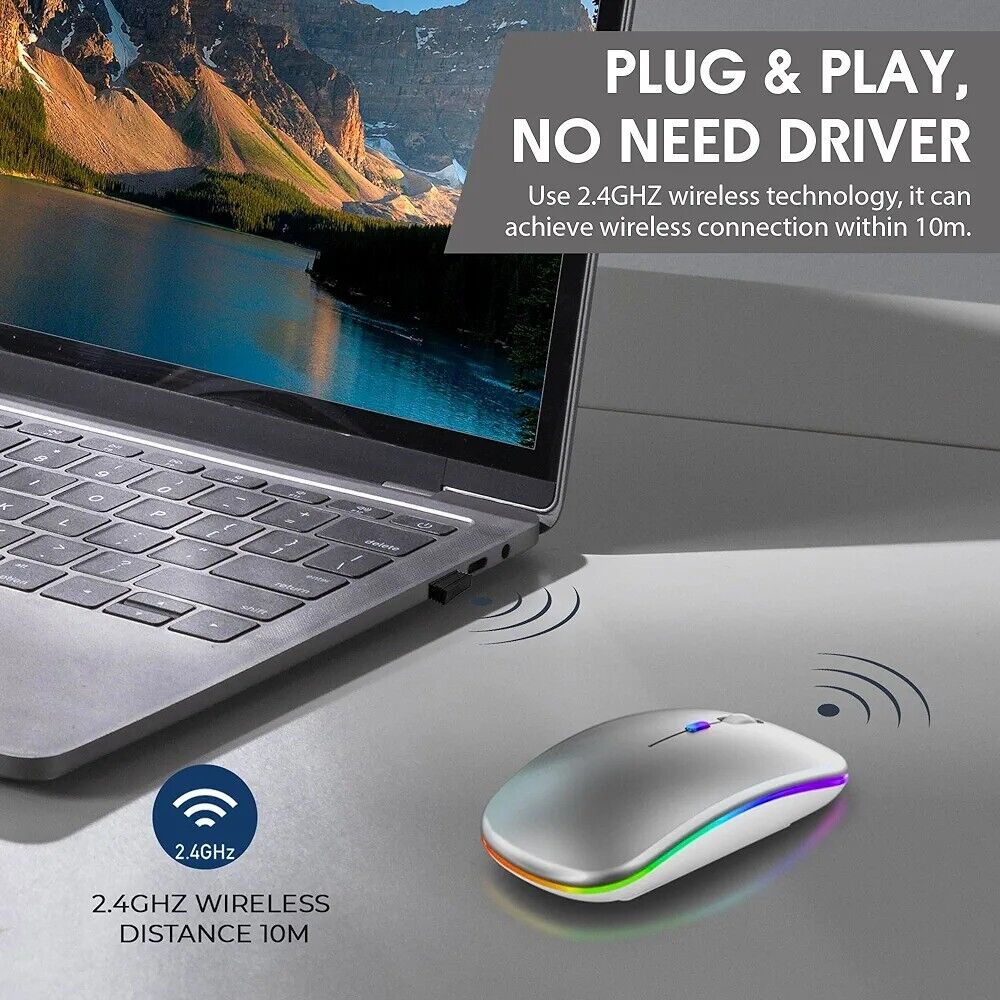 Rechargeable wireless mouse with 2.4GHz technology for easy plug and play within 10m distance
