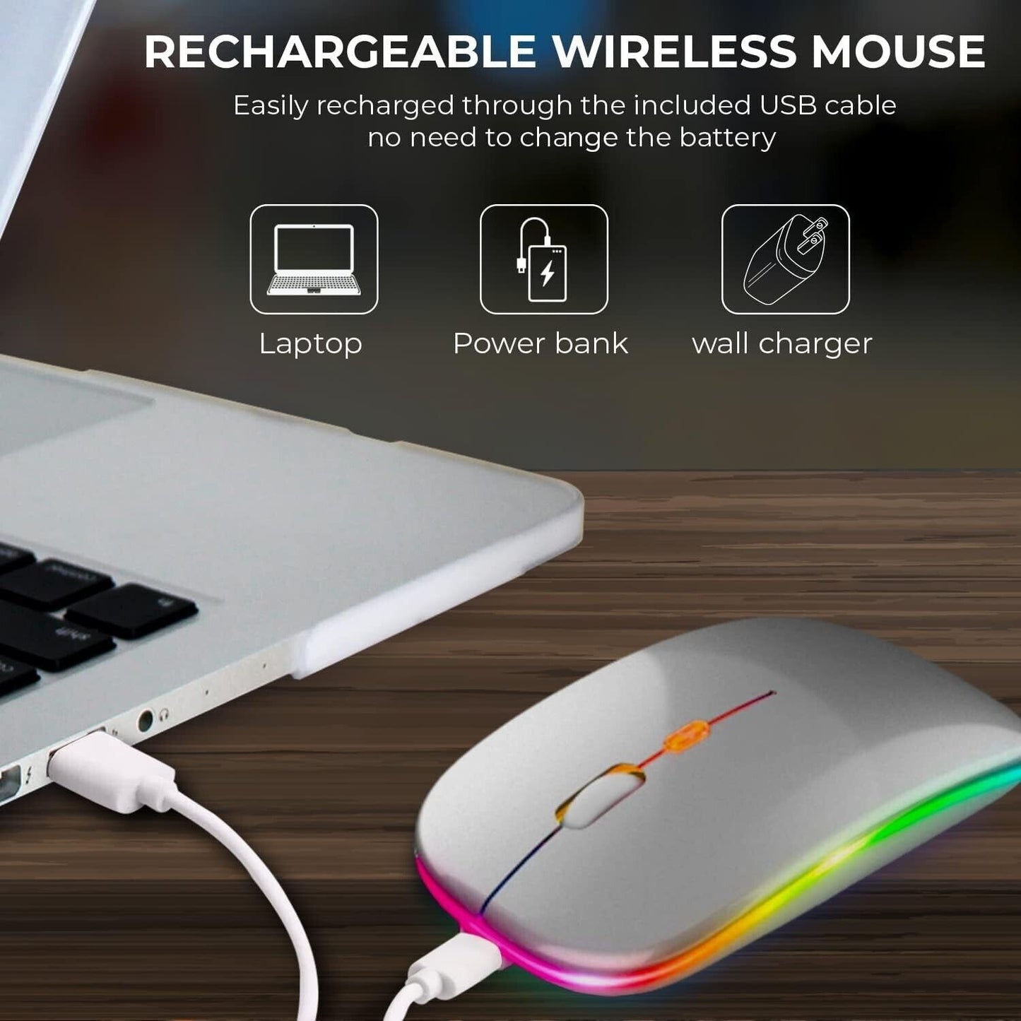 Rechargeable wireless mouse charging via USB cable connected to a laptop for convenient use