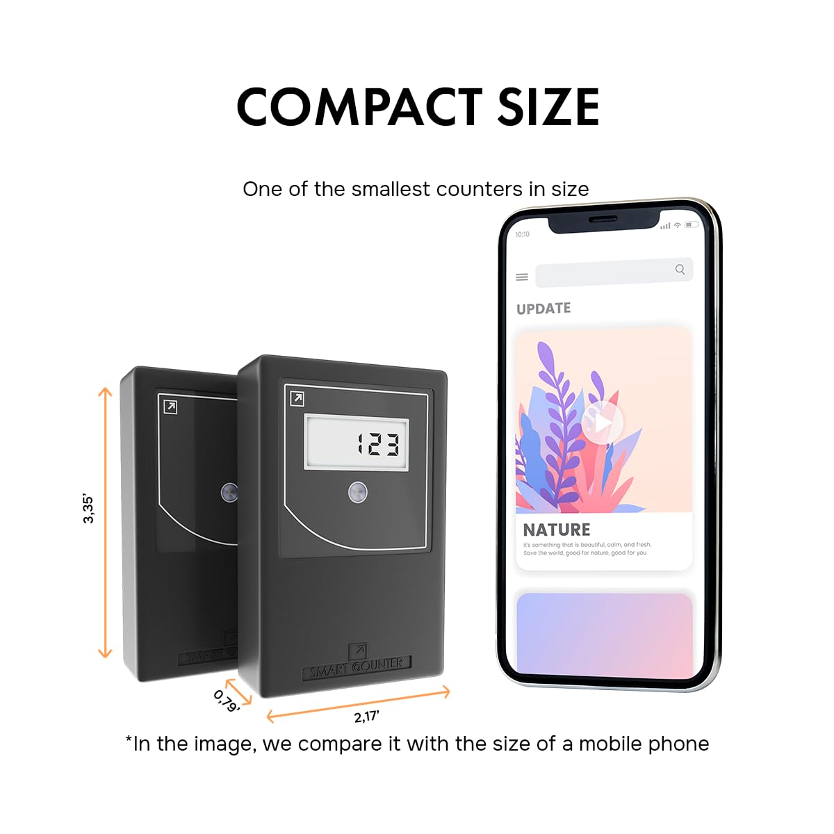 SmartCounter retail people counter device shown in compact size next to a mobile phone for scale