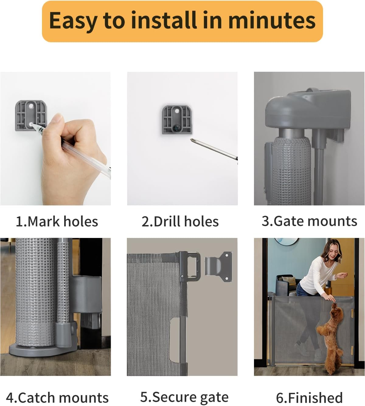 Step-by-step guide showing installation process for the retractable mesh safety gate