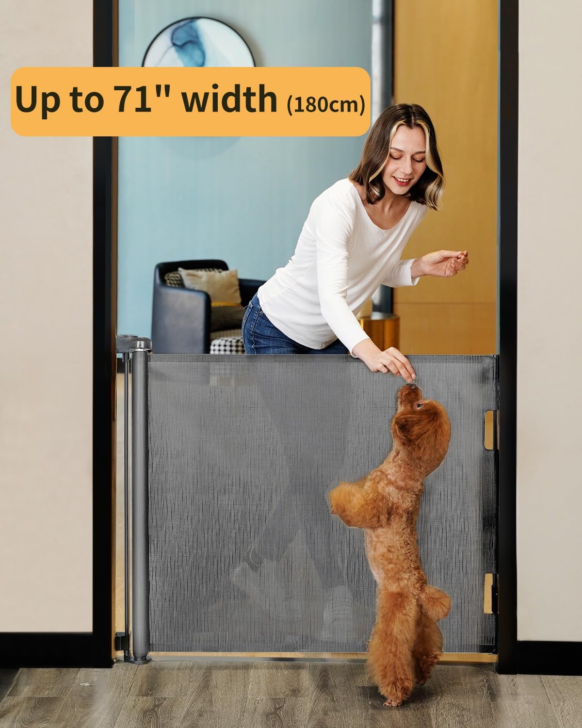 Dearlomum retractable mesh safety gate suitable for doorways up to 71 inches wide, preventing pet access