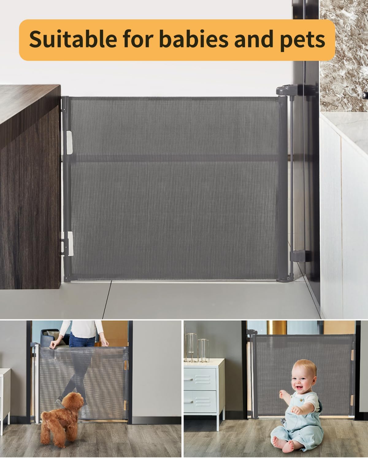 Dearlomum retractable mesh safety gate designed for use around babies and pets