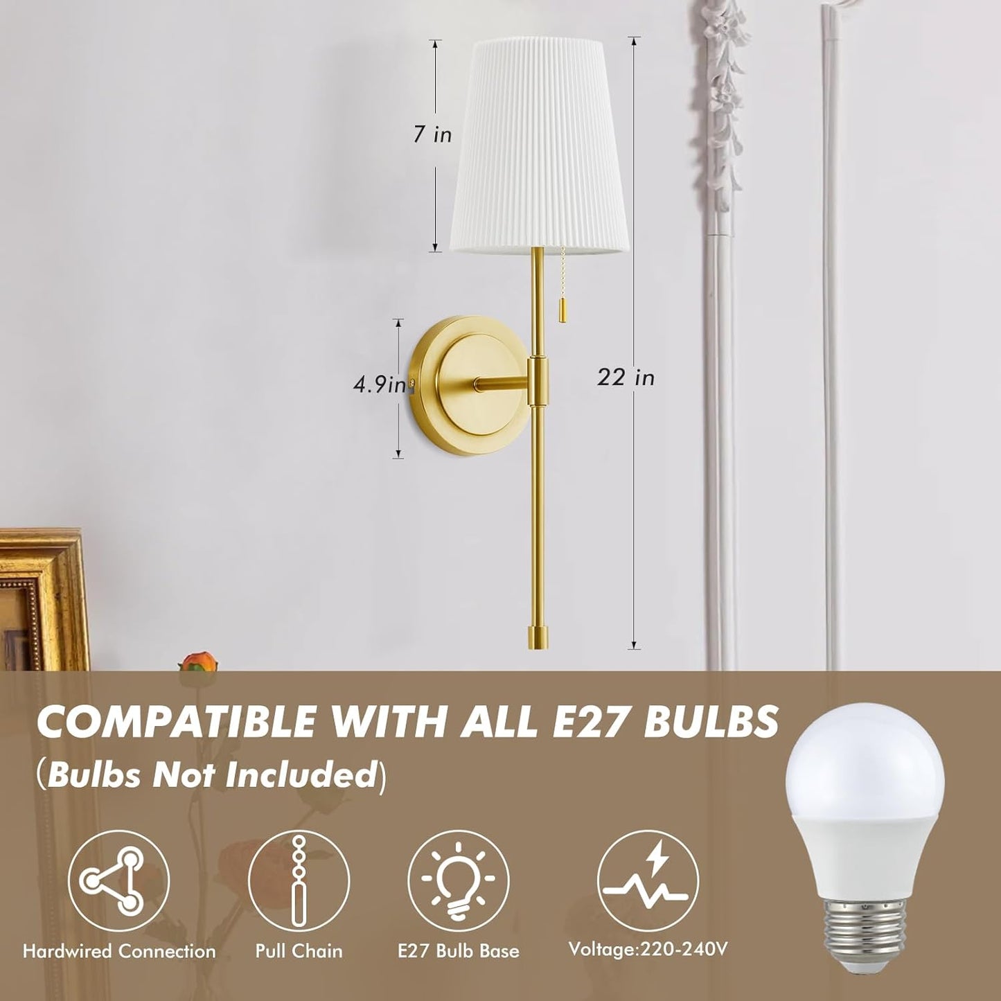 GyroVu retro wall sconces set of 2 in gold with white shades and pull chain design