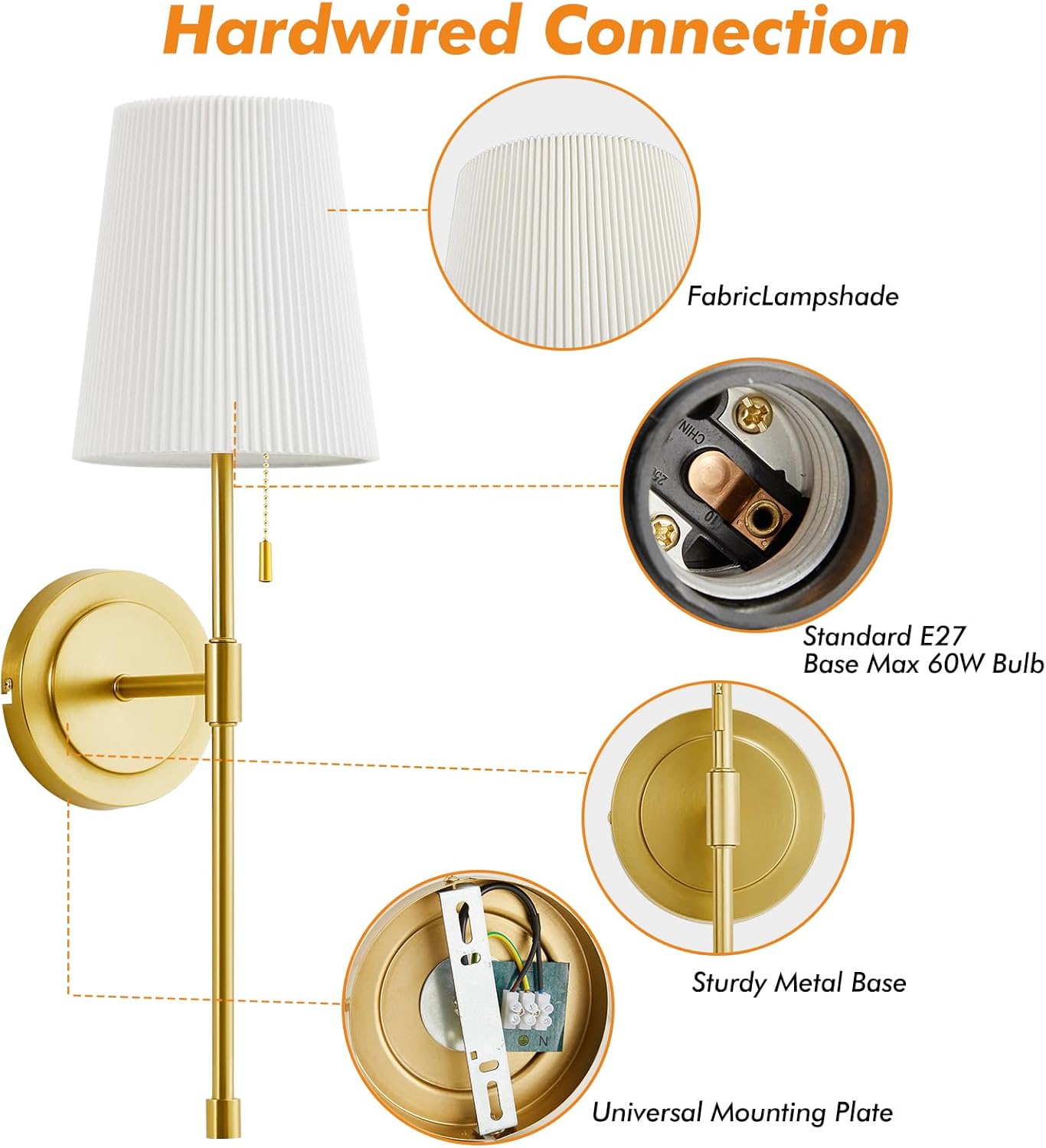 Retro wall sconces set of 2 from GyroVu with fabric lampshades and sturdy metal base