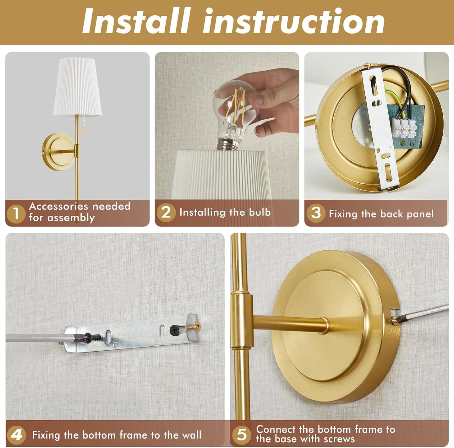 Installation guide for retro wall sconces set of 2 with accessories and assembly steps