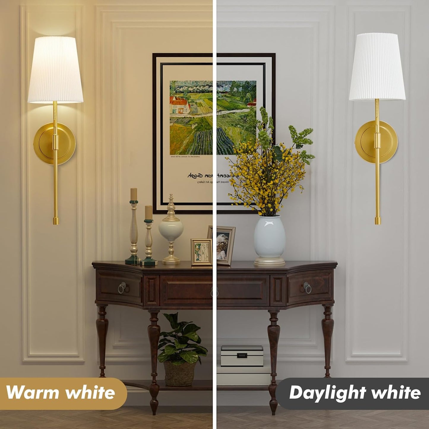 Retro wall sconces set of 2 in warm and daylight white, enhancing home interiors elegantly