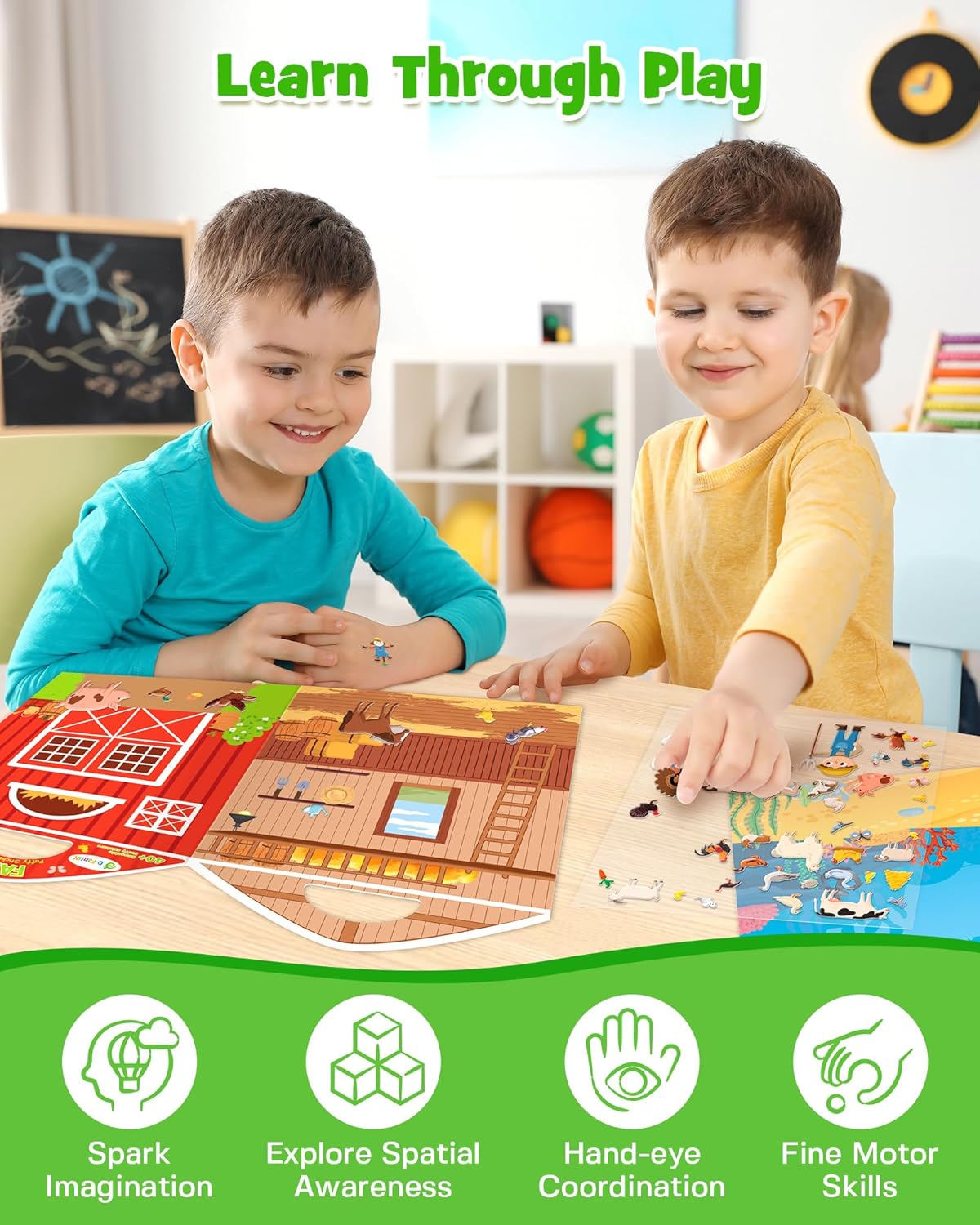 Two children using reusable sticker books for kids to enhance learning and play skills together