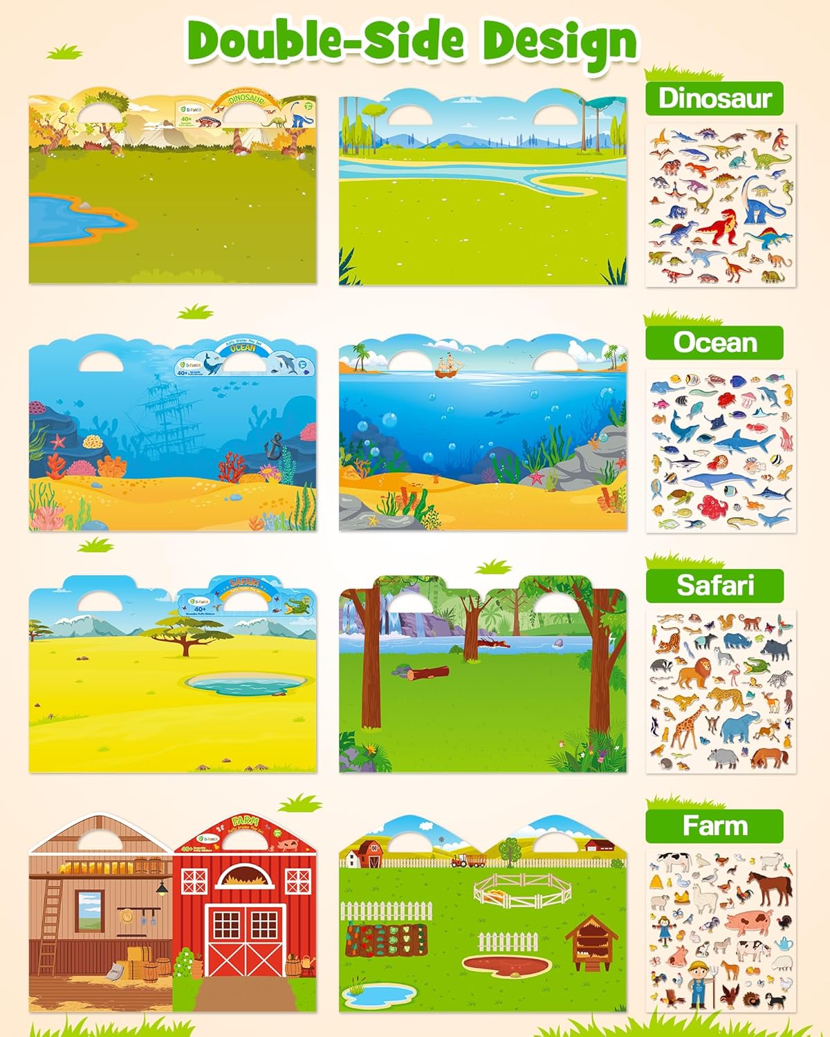 D-FantiX reusable sticker books for kids featuring double-sided designs of dinosaurs, ocean, safari, and farm scenes