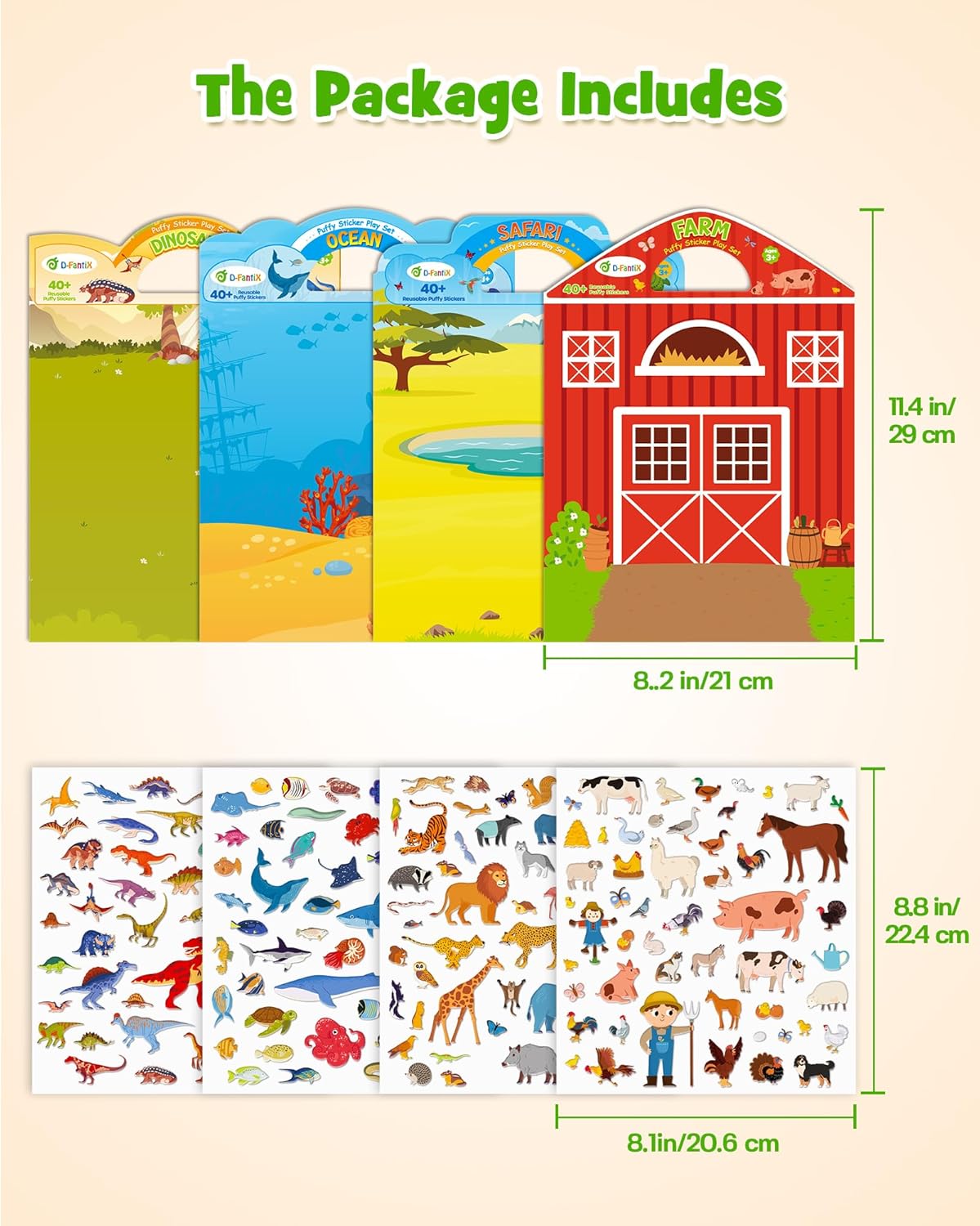 D-FantiX reusable sticker books for kids featuring vibrant scenes and fun characters