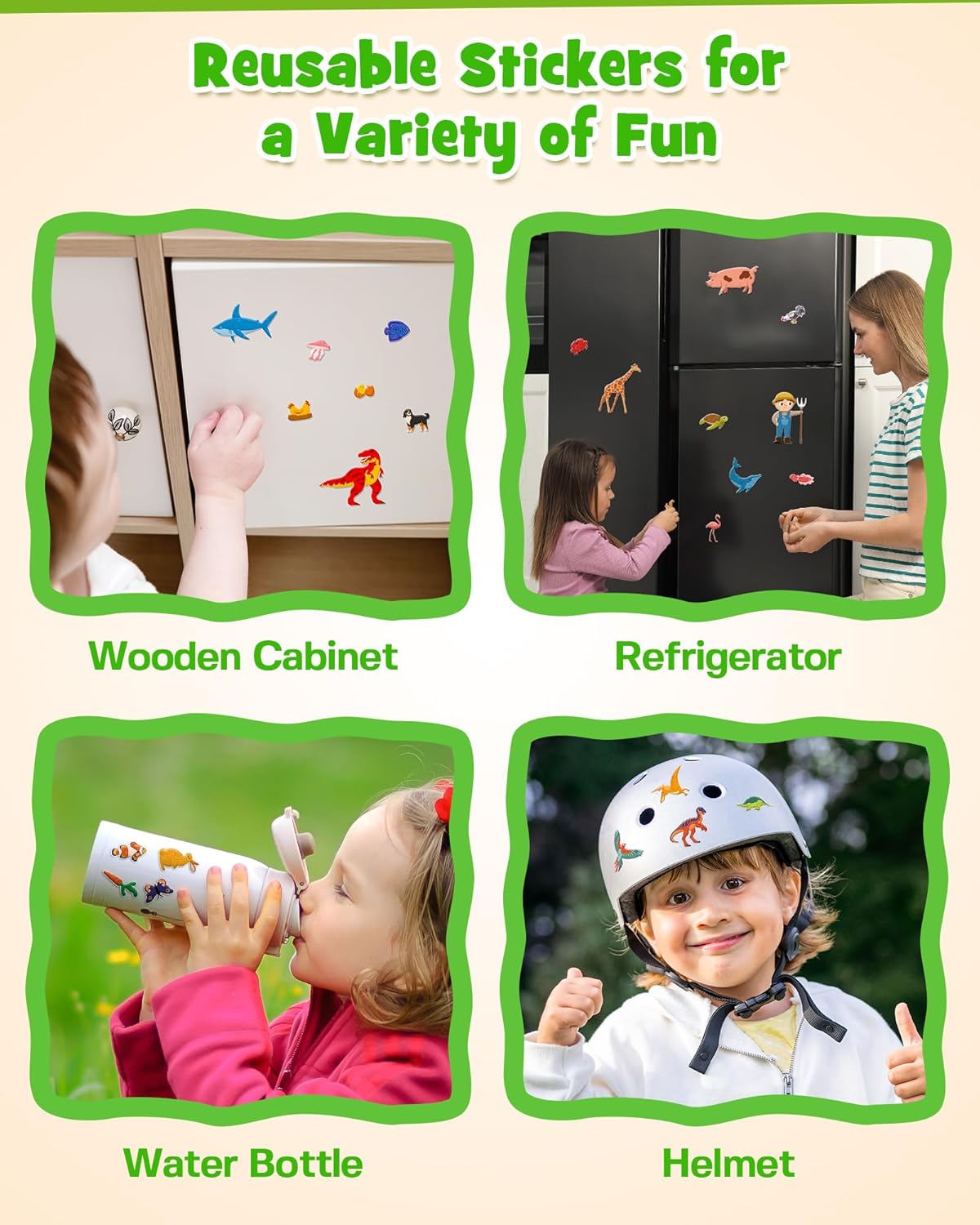 D-FantiX reusable sticker books for kids with various playful designs on home items