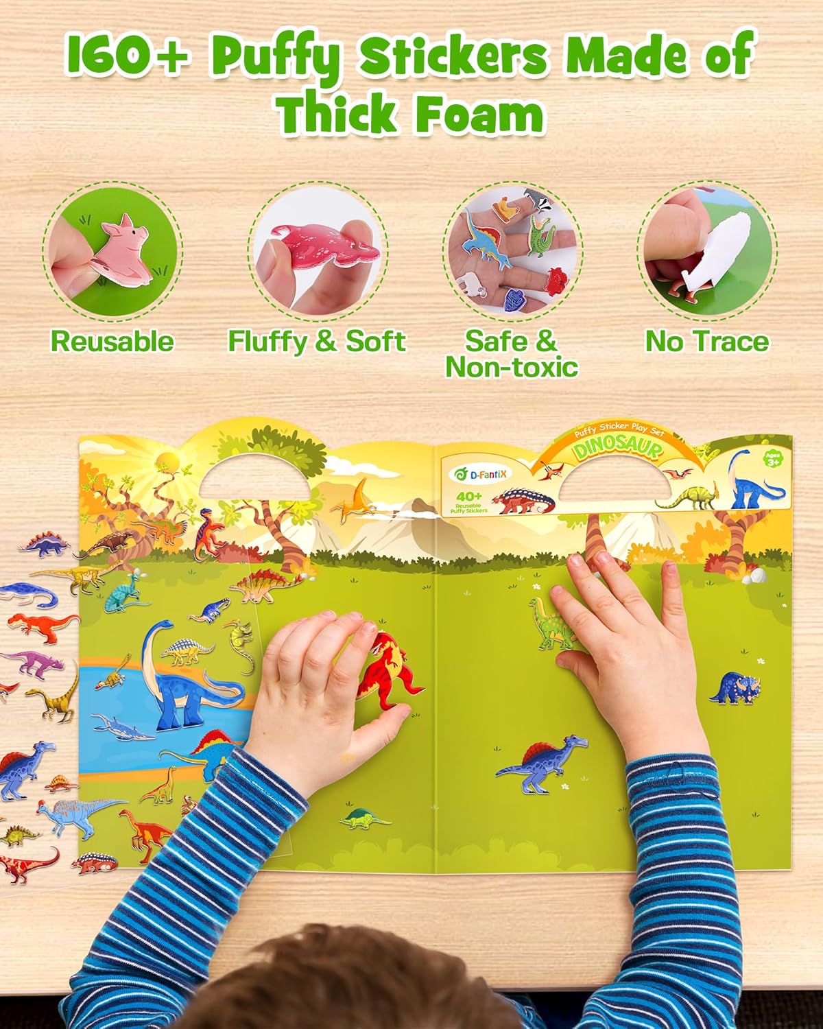 D-FantiX reusable sticker books for kids with 160 puffy stickers made of thick foam featuring dinosaurs