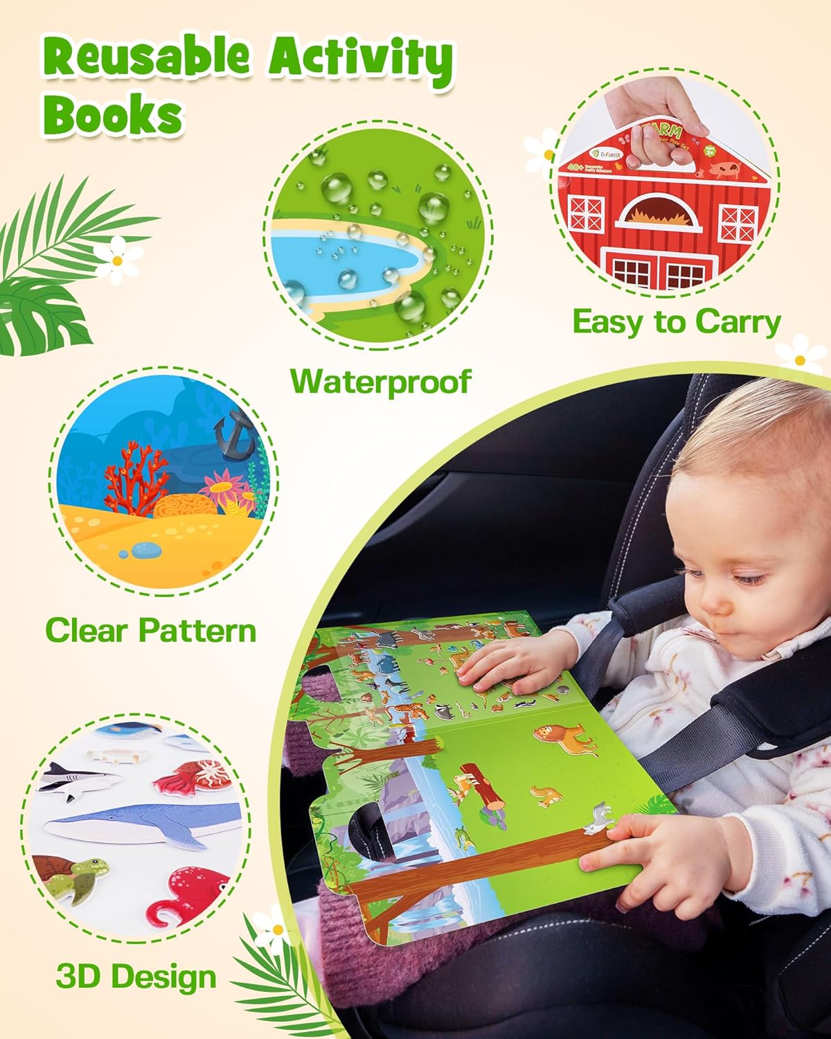 D-FantiX reusable sticker books for kids featuring waterproof pages and clear patterns