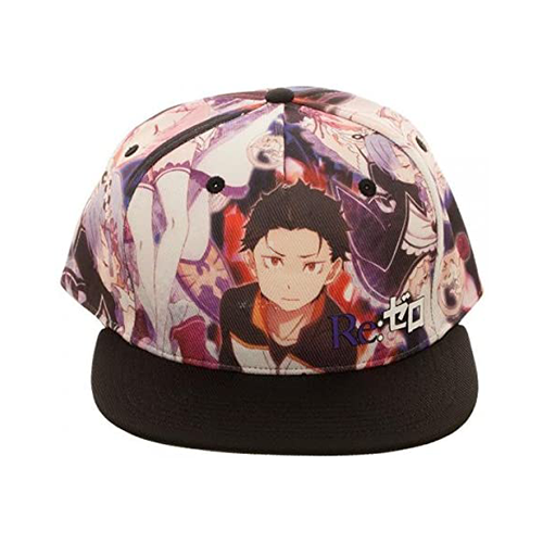 Bioworld Re:Zero anime snapback cap featuring vibrant character graphics and a contrasting black brim