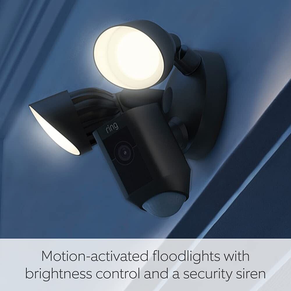 Ring Floodlight Cam Black with motion-activated floodlights and security features